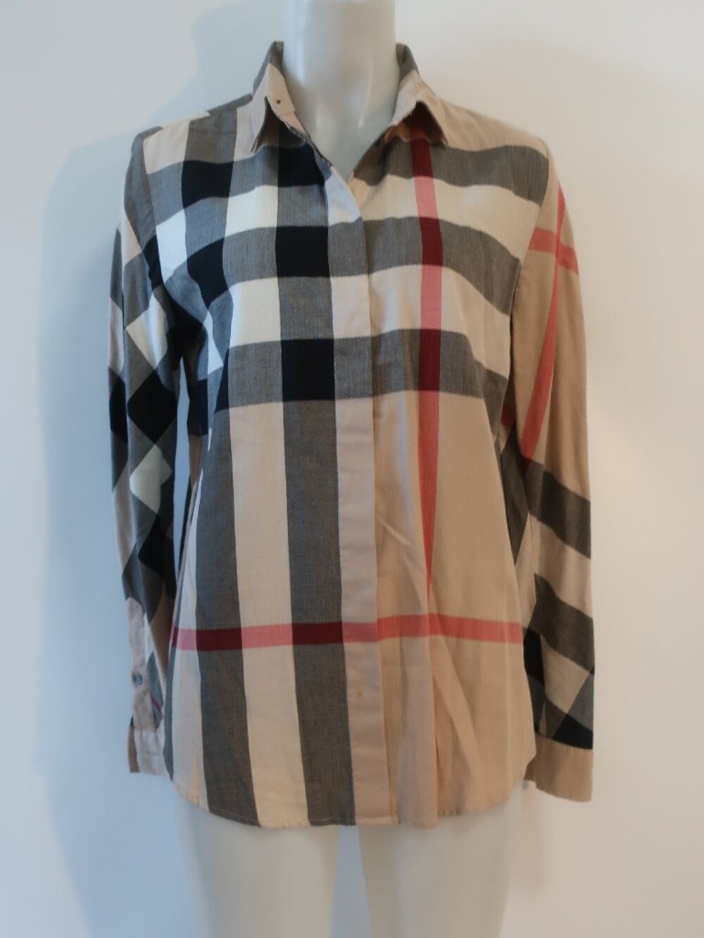 Women Burberry London Beige Black White (Item-12) Giant Check Button Shirt Top L